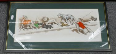 Boris O'Klein coloured etching of dogs: "Oh Liberte Chien" signed, 46cm x 19cm.
