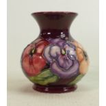 Moorcroft vase Pansy pattern: Measures 9cm, with box. No damage or restoration.