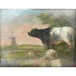 Oil painting on wood panel of cattle & sheep near windmill: In ornate gilt frame, 28cm x 22cm.