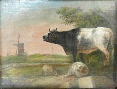 Oil painting on wood panel of cattle & sheep near windmill: In ornate gilt frame, 28cm x 22cm.