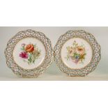 Pair of 19th century Minton cabinet plates: Pierced borders, hand painted with flowers, diameter