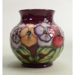 Moorcroft vase Pansy pattern: Measures 15cm x 14cm, with box. No damage or restoration.