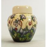 Moorcroft ginger jar with lid Hepatica pattern: Measures 11cm x 9cm. With box. No damage or