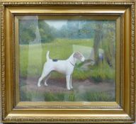 H Crowther oil painting on canvas: Portrait of a terrier "Basford Gamester" dated 1922, 30cm x 37cm.