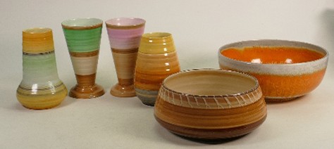 A collection of Shelley Harmony ware bowls & vases: Varying shapes, height of tallest 16cm. (6)