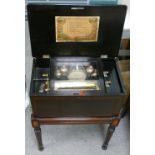 Late 19th century inlaid Swiss Musical Box on stand: Playing on 4 bells & drum with 6 hammers,