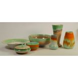 A collection of Shelley Harmony drip ware vases, bowls & lidded powder bowl: Varying shapes,