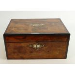 19th walnut writing slope box with mother of pearl inlay: Length 30cm x depth 21cm x height 13.5cm.