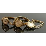 Three vintage gold ladies wristwatches: Comprising two 9ct gold cased examples and one rolled