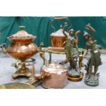 Group of seven copper brass and spelter items: Includes Samovar, figures, kettles etc. (7)