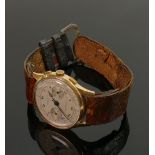 18ct gold vintage gentlemans Suisse chronographe wristwatch: Anti magnetic with leather strap.