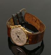 18ct gold vintage gentlemans Suisse chronographe wristwatch: Anti magnetic with leather strap.