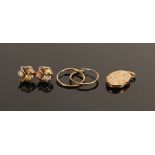 9ct gold items: Including two pairs of earrings and locket 5.6g.