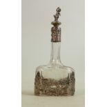 Silver overlaid etched scent bottle: With cupid stopper, decorated with courting scenes,