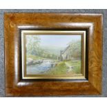 Richard Simm oil painting on board: Of local watermill and river scene, 17cm x 12.5cm. Richard