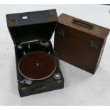 Early 20th century portable table Gramophone: Together will old records in leather case.