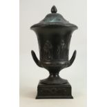 Wedgwood black Basalt two handled urn & cover: Decorated with classical scenes all around with