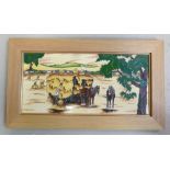 Moorcroft rectangular wall plaque: Decorated with hay making scenes with farmer, shire horses and