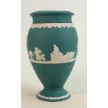 Wedgwood teal Jasperware vase: Decorated with classical scenes, height 19.5cm.