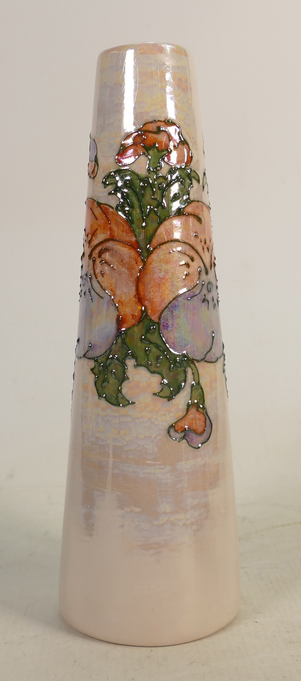 Lise B Moorcroft studio pottery vase Pansy design: Lustre glazed, signed and dated 2013. 25cm high.