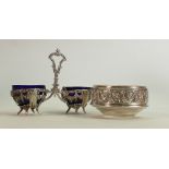 French of silver double salt dish with glass liners and an ornate unmarked Silver dish with glass