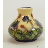 Moorcroft vase Hepatica pattern: Measures 6cm x 7cm. No damage or restoration.