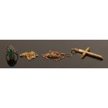 9ct gold items: Including cross, two 9ct necklaces, 6.4g and a silver costume ring. (4)