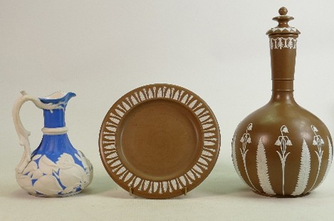 19th century Jasperware decanter & cover on stand: Unmarked but possibly Dudsons, height 31cm and