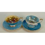 Aynsley D. Jones hand decorated cups & saucers: With fruit panels. (2)