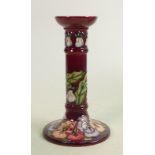 Moorcroft candlestick Pansy pattern: Measures 21cm x 12cm, with box. No damage or restoration.