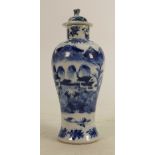 19th century Chinese porcelain blue & white jar & cover: Decorated with landscape scenes, height