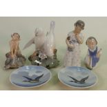 A collection of Royal Copenhagen figurines: Comprising Pan on tortoise, boy with toy boat, pair of