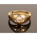 18ct gold solitaire diamond ring: Size R, weight 8.7g. Stamped 18ct and tested as such. Diamond size