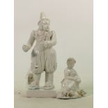 Early 19th century cream glazed figures: One boy with hat and another small boy with flowers. Height