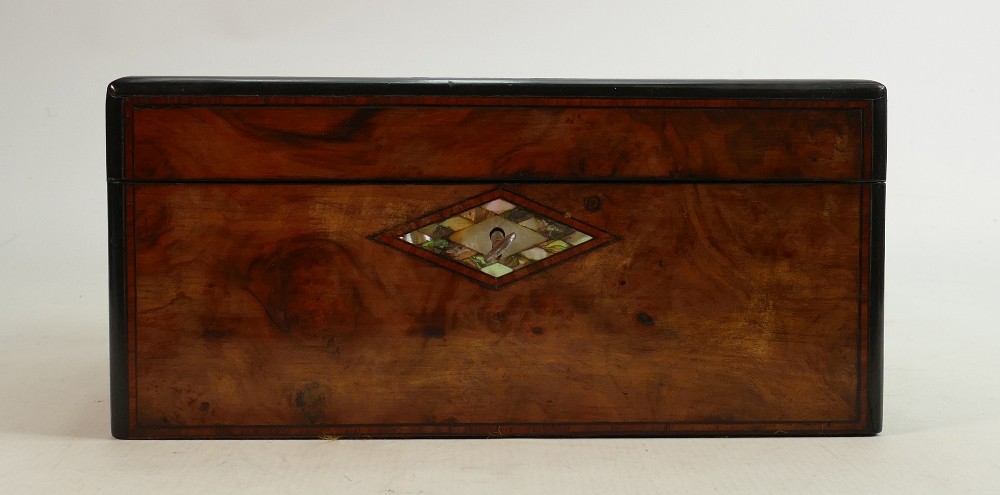 19th walnut writing slope box with mother of pearl inlay: Length 30cm x depth 21cm x height 13.5cm. - Image 6 of 6