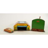 Glamorgan Toy Company tin plate model of an automatic garage: With Taxi car & Bassett Lowke model