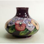 Moorcroft vase Pansy pattern: Measures 15cm x 18cm, with box. No damage or restoration.