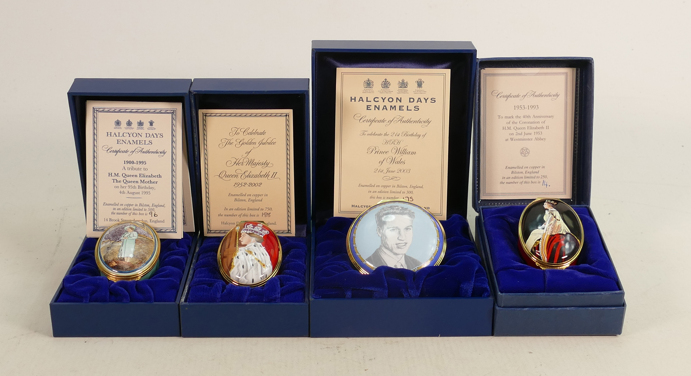 Four x Halcyon Days hand painted ROYAL limited edition enamel boxes: All with original display