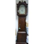 Mahogany Longcase clock with painted arch dial: Some minor chipping to Mahogany door of hood. Two