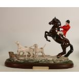 Beswick tableau "Tally Ho": Huntsman on rearing horse with three hounds on ceramic base 1994, on