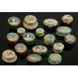 A collection of Staffordshire Enamels small pill boxes: 17 items.