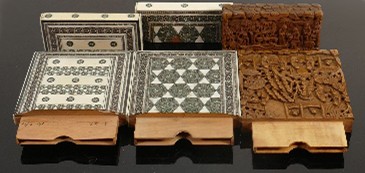 Three antique card cases micro mosaic & carved Chinese sandalwood: Small section of micro mosaic