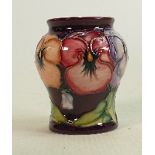 Moorcroft vase Pansy pattern: Measures 8cm, with box. No damage or restoration.