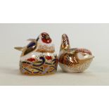 Royal Crown Derby paperweight birds: Both gold stoppers. (2)