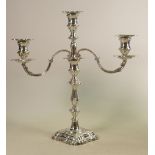 Silver two branch candelabra: Hallmarked for Sheffield 1966, base filled, total weight 1560g.