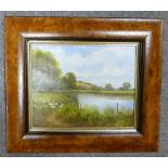 P G Duffield oil painting on panel of river/landscape scene with ducks: 25cm x 20cm in burr walnut