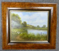 P G Duffield oil painting on panel of river/landscape scene with ducks: 25cm x 20cm in burr walnut