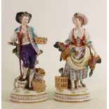 A pair of German porcelain figures: Lady with duck & cockerel and gentleman with baskets of fruit,