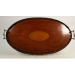 Edwardian Mahogany inlaid galleried tray: Slight damage to handle area, diameter at widest 57cm.