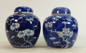 Two Chinese blue & white ginger jars: Decorated with Prunus, both lids with damage, height of each